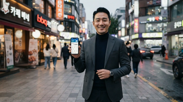 스마트폰으로 소상공인 비대면 대리대출 및 보증드림 신청을 확인하는 한국인 대표