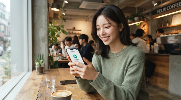 안전하게 분리된 압류방지 금융 계좌를 스마트폰으로 확인하며 미소 짓는 한국인 여성